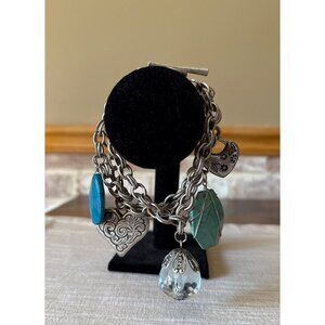 Boho Silver Tone Charm Bracelet Hearts Turquoise Glass Beads Toggle Statement